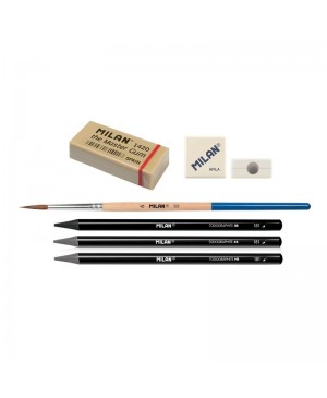 Akvarelinių grafitinių pieštukų rinkinys Milan HB, 4B, 8B + teptukas, trintukas, drožtukas, metalinėje dėžutėje