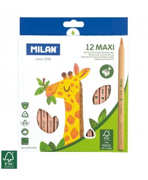 Spalvoti stori tribriauniai pieštukai Milan Maxi FSC, 12 spalvų + drožtukas