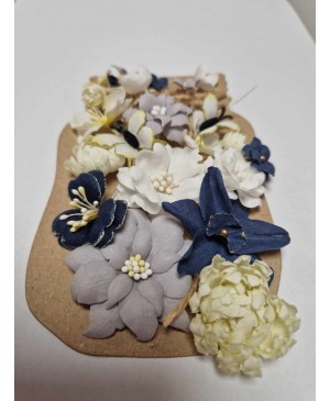 Medžiaginės gėlytės: pilkos, gelsvos, t. mėlynos spalvos