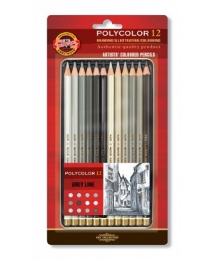 Spalvoti pieštukai dailei POLYCOLOR Koh-I-Noor, pilki tonai, 12 spalvų