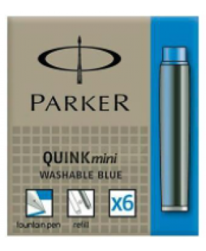 Rašalo kapsulės Parker Quink mini, trumpos, mėlynos spalvos, dėžutėje 6 vnt. 