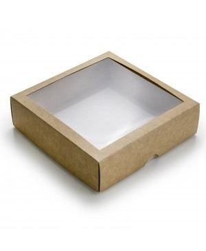 Kartoninė dviejų dalių dėžutė pakavimui skaidriu langeliu, 21x21x6 cm ruda/balta