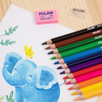Spalvoti šešiabriauniai pieštukai Milan MAXI, 12 spalvų + drožtukas