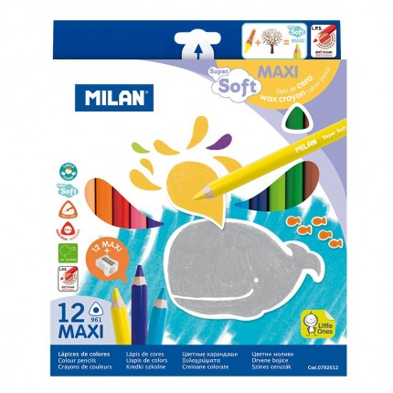 Spalvoti stori tribriauniai pieštukai Milan Maxi Super Soft 12 spalvų 