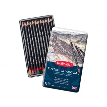 Angliniai pieštukai Derwent Tinted Charcoal 12vnt. metalinėje dėžutėje