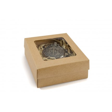 Kartoninė dviejų dalių dėžutė pakavimui žemu dangteliu ir skaidriu langeliu, 22x8x4 cm ruda/balta