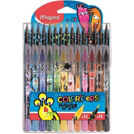 Flomasteriai 12vnt ir spalvoti pieštukai 15vnt Maped Color Peps Monster