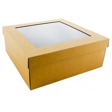 Kartoninė dviejų dalių dėžė pakavimui skaidriu langeliu, 31x31x12 cm., ruda