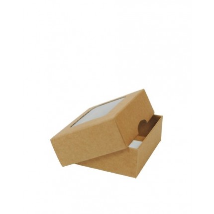 Kartoninė dviejų dalių dėžutė pakavimui skaidriu langeliu, 9x7x3 cm ruda/balta