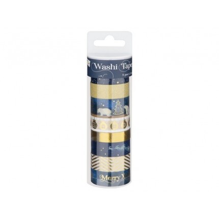 Washi juostelės lipnios Kalėdinės mėlyna/aukso,  8vnt. x 3m