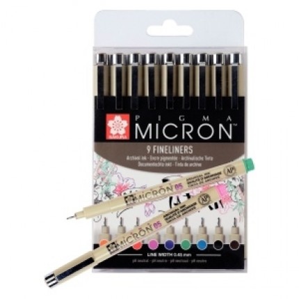 Grafinių rašiklių Sakura Pigma Micron rinkinys, 0.45mm, 9 spalvos