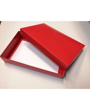 Kartoninė dviejų dalių dėžutė pakavimui žemu dangteliu, 22x14x4 cm raudona/balta