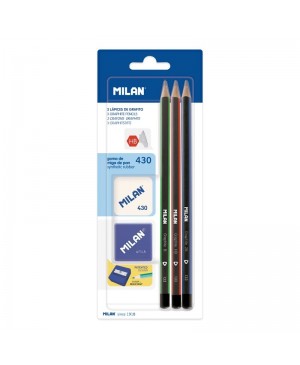 Grafitinių pieštukų rinkinys Milan HB, B, 2B + drožtukas ir trintukas