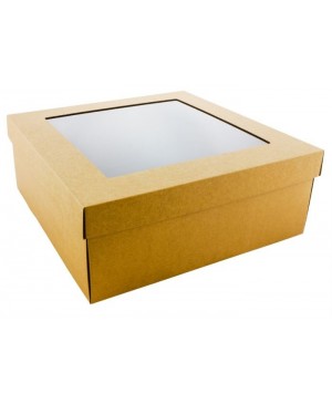 Kartoninė dviejų dalių dėžė pakavimui skaidriu langeliu, 31x31x12 cm., ruda