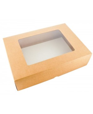Kartoninė dviejų dalių dėžė pakavimui skaidriu langeliu, 40x28x10 cm., ruda