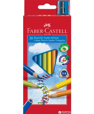 Spalvoti pieštukai 20 sp. Faber Castell Jumbo, tribriauniai su drožtuku