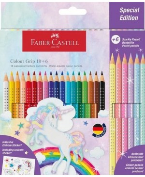 Spalvotų pieštukų rinkinys Faber-Castell Unicorn Colour Grip Water-soluble & Sparkle Pastel (18+6)                                       