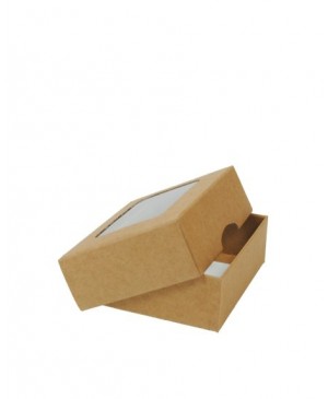 Kartoninė dviejų dalių dėžutė pakavimui skaidriu langeliu, 9x7x3 cm ruda/balta