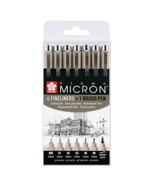 Grafinių rašiklių Sakura Pigma Micron rinkinys, 0,2- 0,5mm + teptukinis rašiklis, 7vnt. juodos sp.