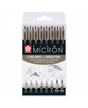 Grafinių rašiklių Sakura Pigma Micron rinkinys, 0.20mm, 0.45mm, 0.60mm, 6 pilkų atspalvių + 2 teptukiniai rašikliai