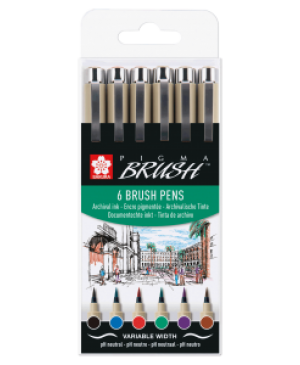 Teptukinių rašiklių Sakura Pigma Brush rinkinys, 6 spalvos tradicinės