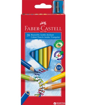 Spalvoti pieštukai 20 sp. Faber Castell Jumbo, tribriauniai su drožtuku	
